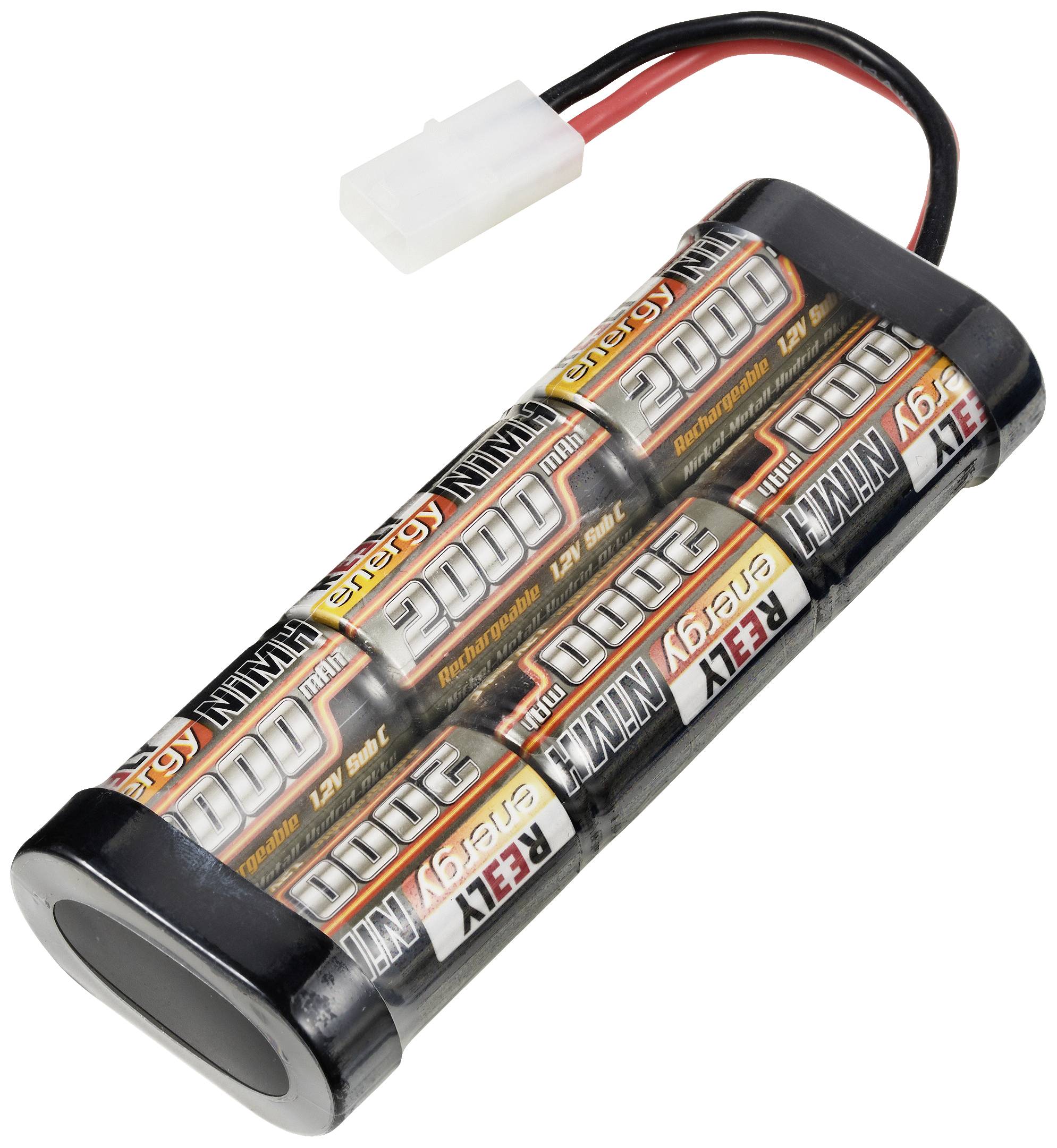 En cylindrisk akkupakke med seks AA-celler, forbundet med en hvid stik. Etiketten viser '2000 mAh' og '1,2V NiMH'.