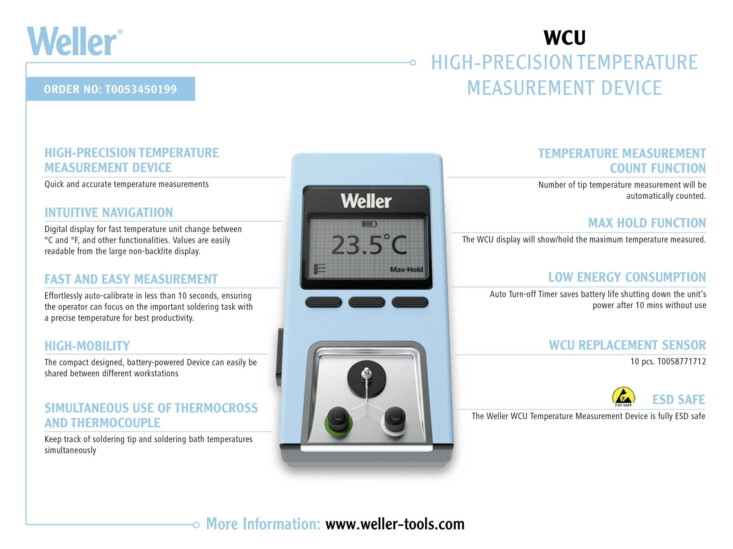 Højpræcisions-temperaturmåleenhed med digital display, mobilholder og beskrivelser: intuitiv navigation, præcis måling, timer, ESD-sikker. Producent: Weller.