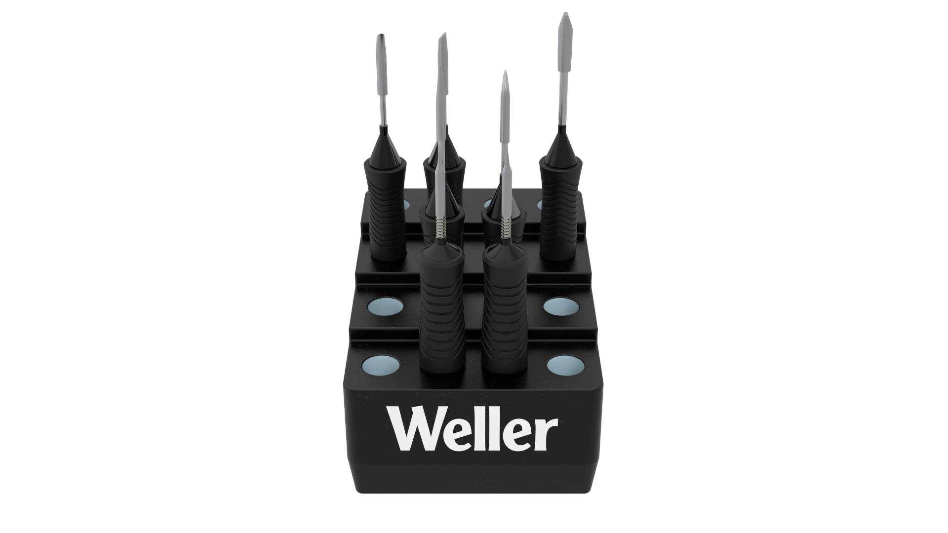 Et sæt på fem sorte loddekolber med sølvspidser, stående lodret i en holder med påskriften 'Weller'.
