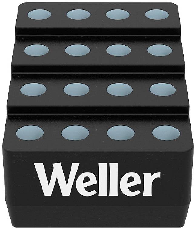 Sort rektangulært objekt med tre parallelle rækker af blåt udfyldte huller, med den hvide tekst 'Weller' forneden.