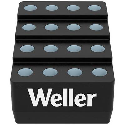 Sort rektangulært objekt med tre parallelle rækker af blåt udfyldte huller, med den hvide tekst 'Weller' forneden.
