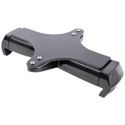 En sort, justerbar tablet-holder i X-form, egnet til montering på nakkestøtter i biler.