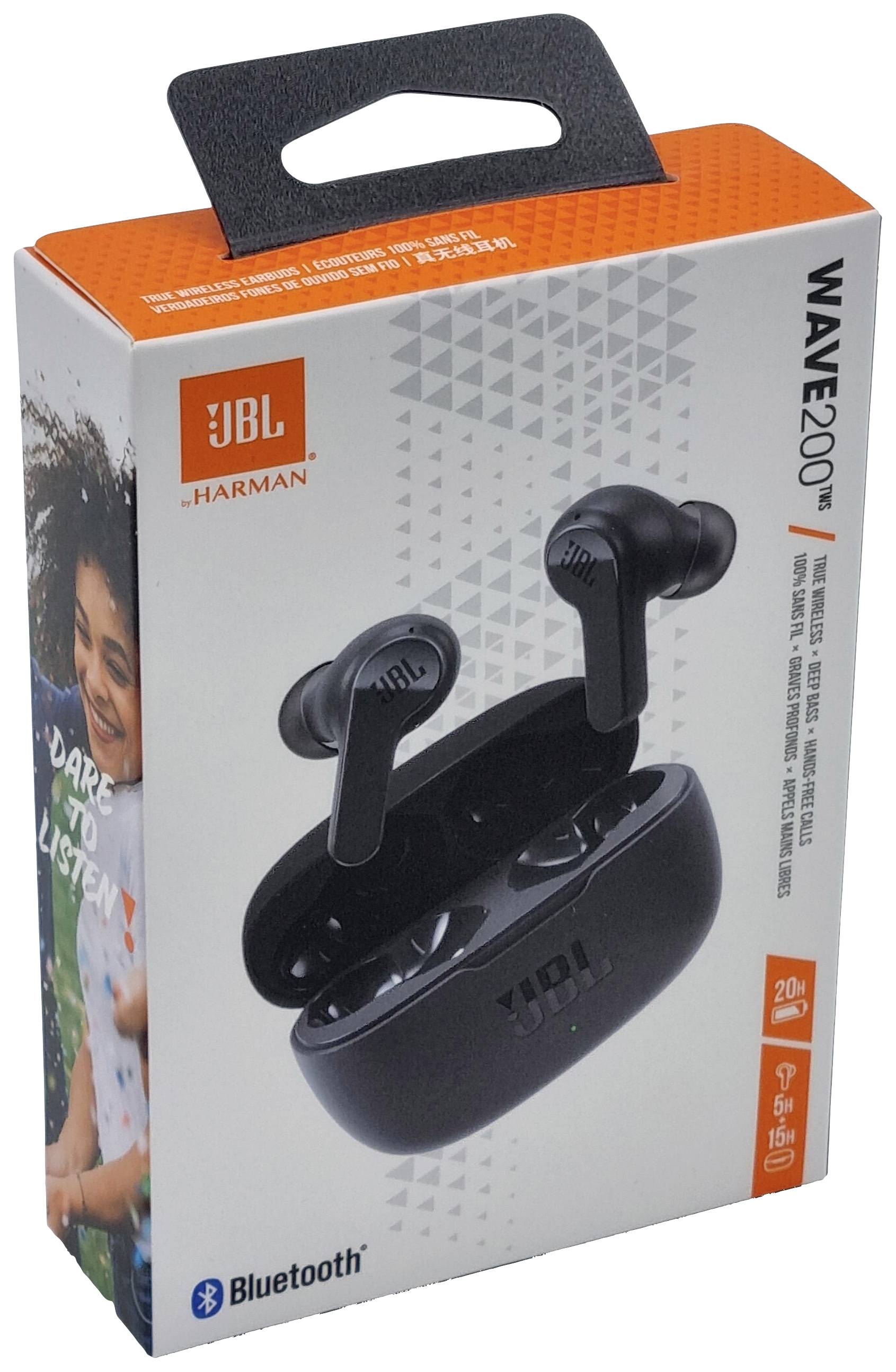 Emballagen viser trådløse JBL Wave 200TWS øretelefoner. På forsiden ses produktbilleder, varemærkelogo og Bluetooth-symbol.