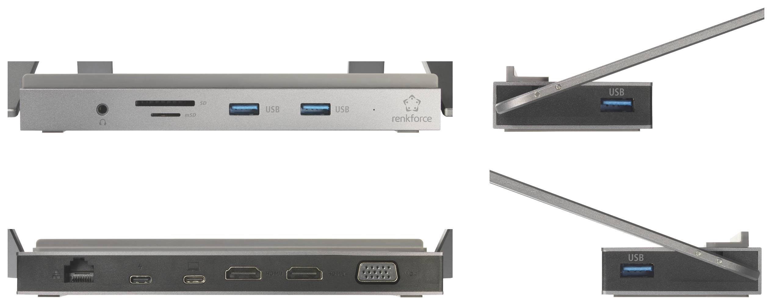 Dockingstation med flere tilslutninger: HDMI, VGA, USB og Ethernet. Viser front- og sidevisning til enhedstilslutning.