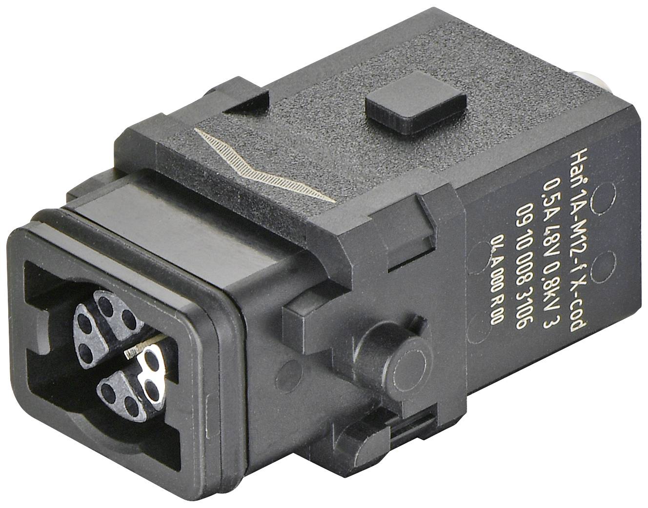 Plastikstik med flere runde metalcontakter. Sort kabinet med sideclips til fastgørelse.