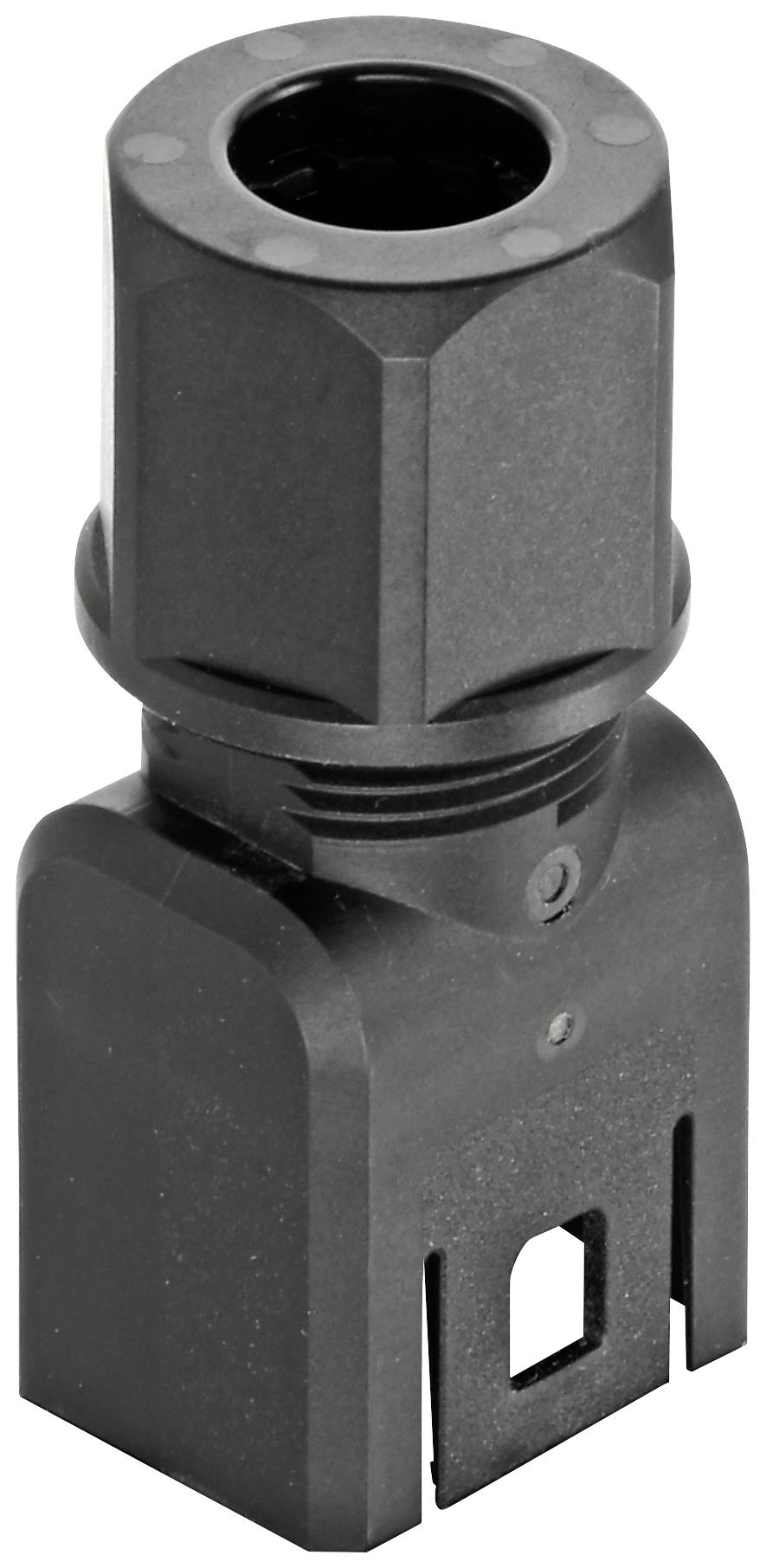 En sort, cylindrisk komponent med rektangulær base, sandsynligvis en elektrisk stikforbindelse eller adapter.
