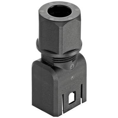 En sort, cylindrisk komponent med rektangulær base, sandsynligvis en elektrisk stikforbindelse eller adapter.