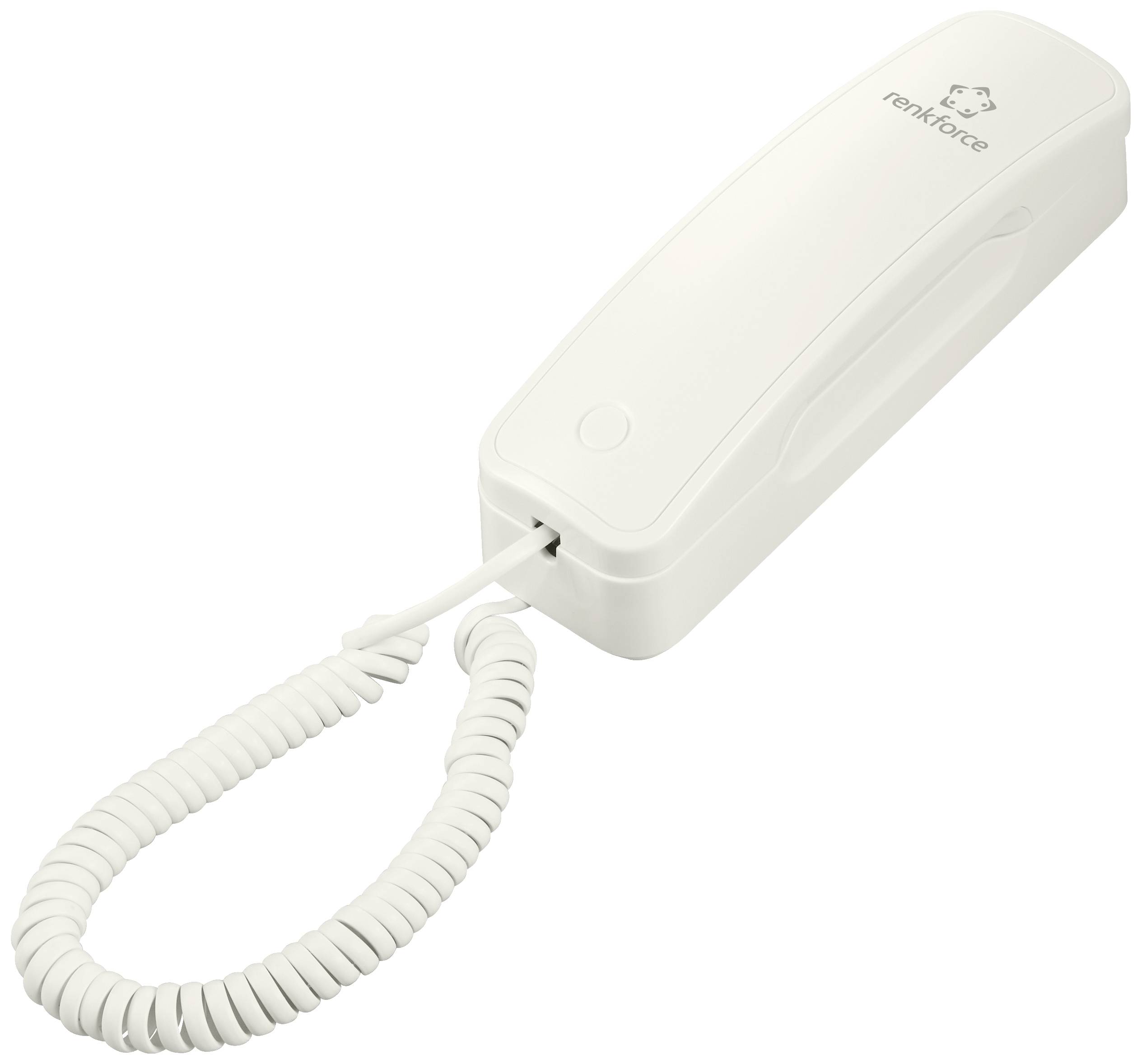 Et hvidt, ledningsforbundet telefon med 'renkforce' logoet på oversiden, egnet til væg- eller bordmontering.