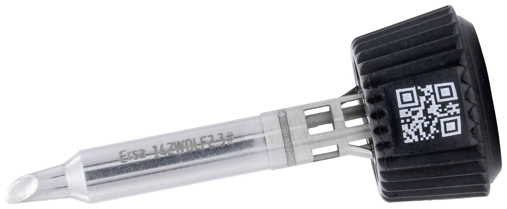 Dråbepipette med sort låg og QR-kode på hætten, transparent rør og metalbeslag, på hvid baggrund.