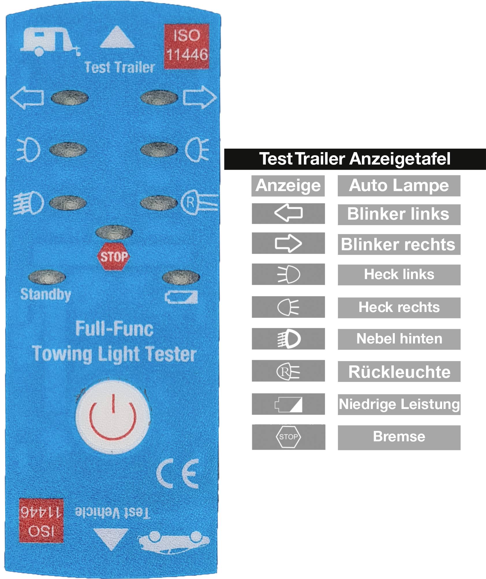 Blåt testapparat til anhængerbelysning med flere knapper og en tænd/sluk-kontakt. Display til forskellige lys til venstre.