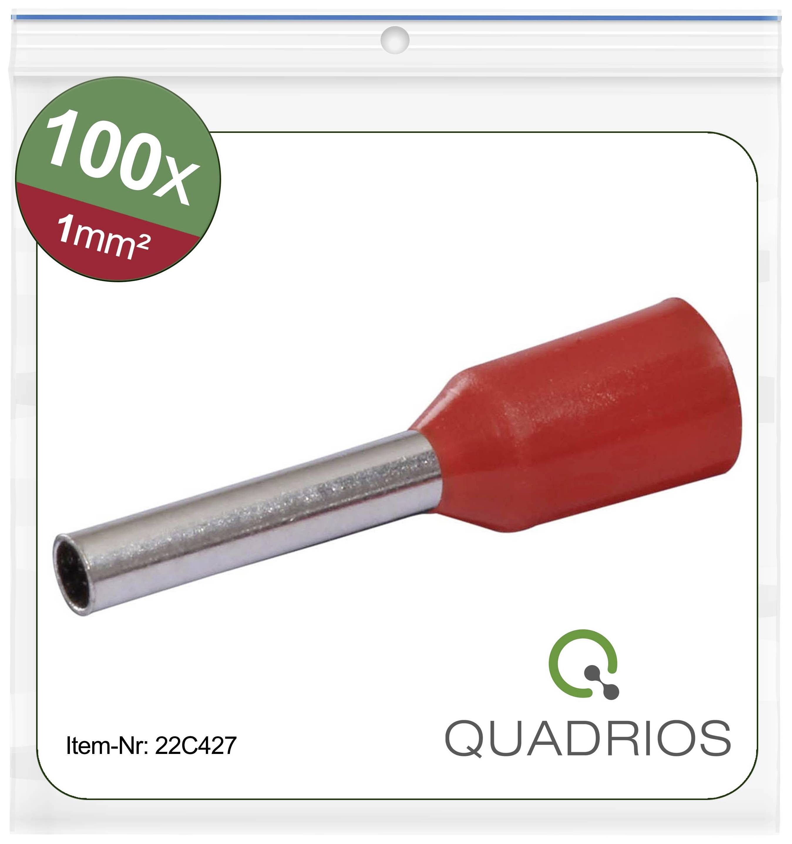 Pose med 100 røde kabelterminalrør, 1 mm² tværsnit. Produktnummer: 22C427. Mærke Quadrios.