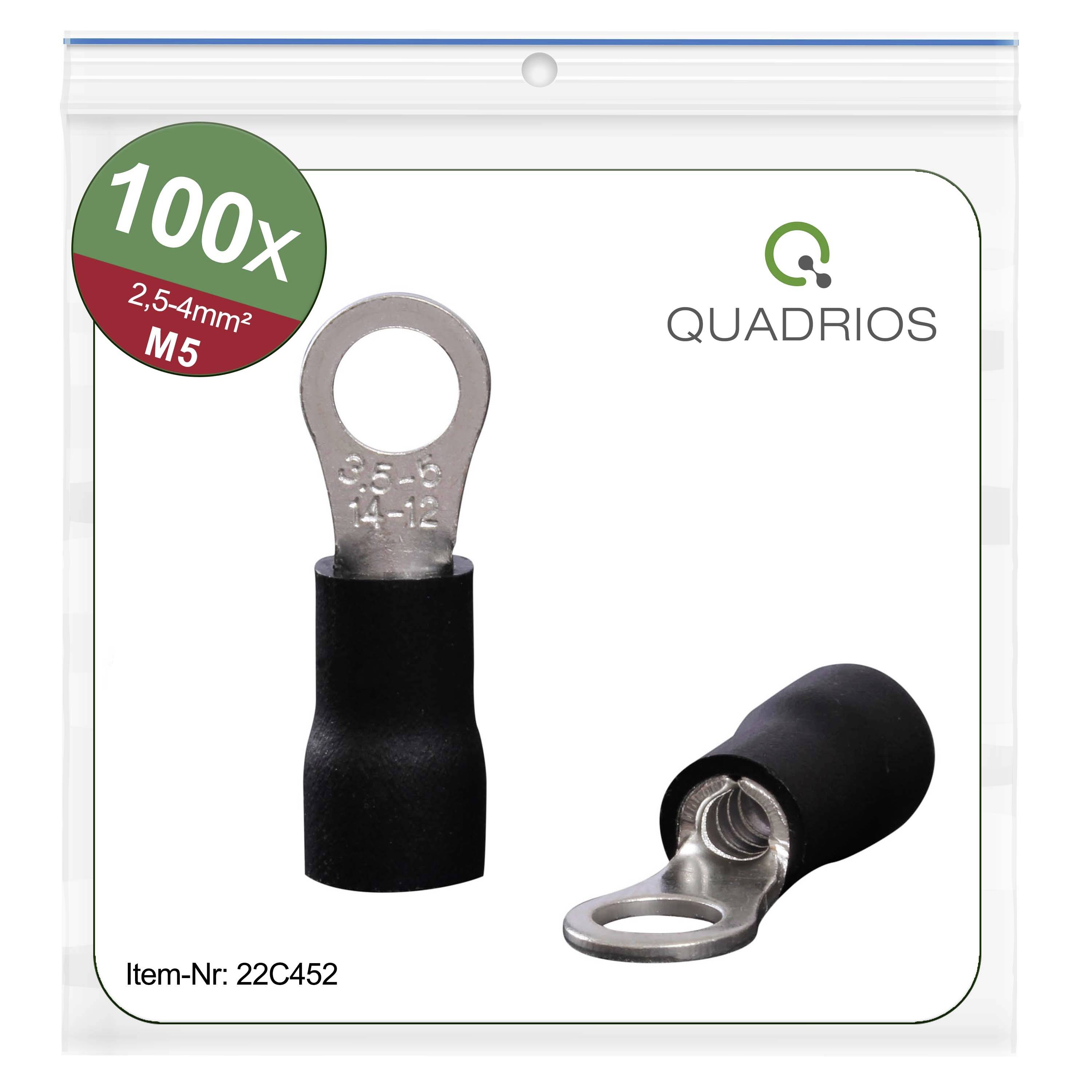 '100x Krympekabelsko, 2,5-4mm², M5 fra Quadrios.' Der er vist to krympekabelsko i en gennemsigtig emballage.