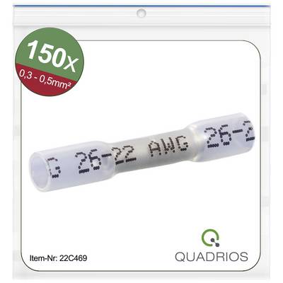 Emballage til en kabelsamler med påskriften '150x 0,3-0,5mm²' og '26-22 AWG'. Varemærkenavnet 'QUADRIOS' nederst til højre.