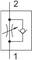 Skematisk symbol for en thyristor med diode og betegnelserne '1' og '2'. Symbolet viser hoved-strømkredsen og styrekredsene.