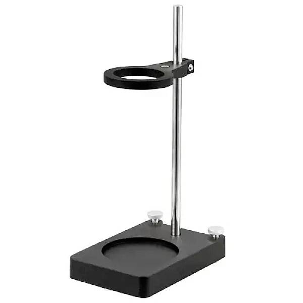 Laborstativ med metalstang og holder på sort base, velegnet til eksperimenter eller tekniske applikationer.