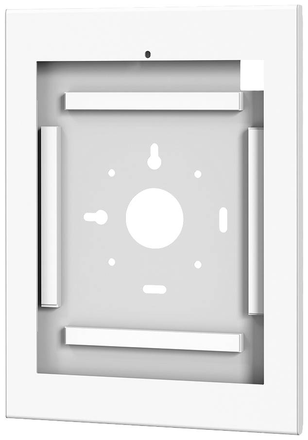 Hvid vægbeslag til en elektronisk enhed, rektangulær form, central udskæring med flere fastgørelsespunkter.