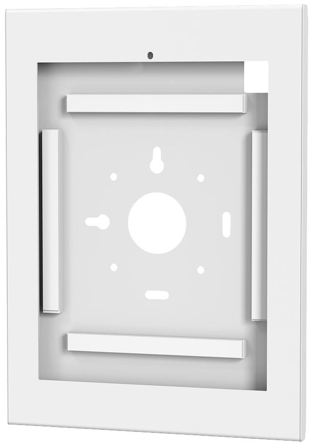 En hvid, rektangulær ramme med åbninger og beslag. Egnet til montering af enheder på en væg.