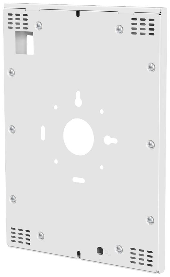 Et rektangulært, hvidt monteringsplade med flere skruehuller og åbninger, egnet til montering af enheder på en væg.