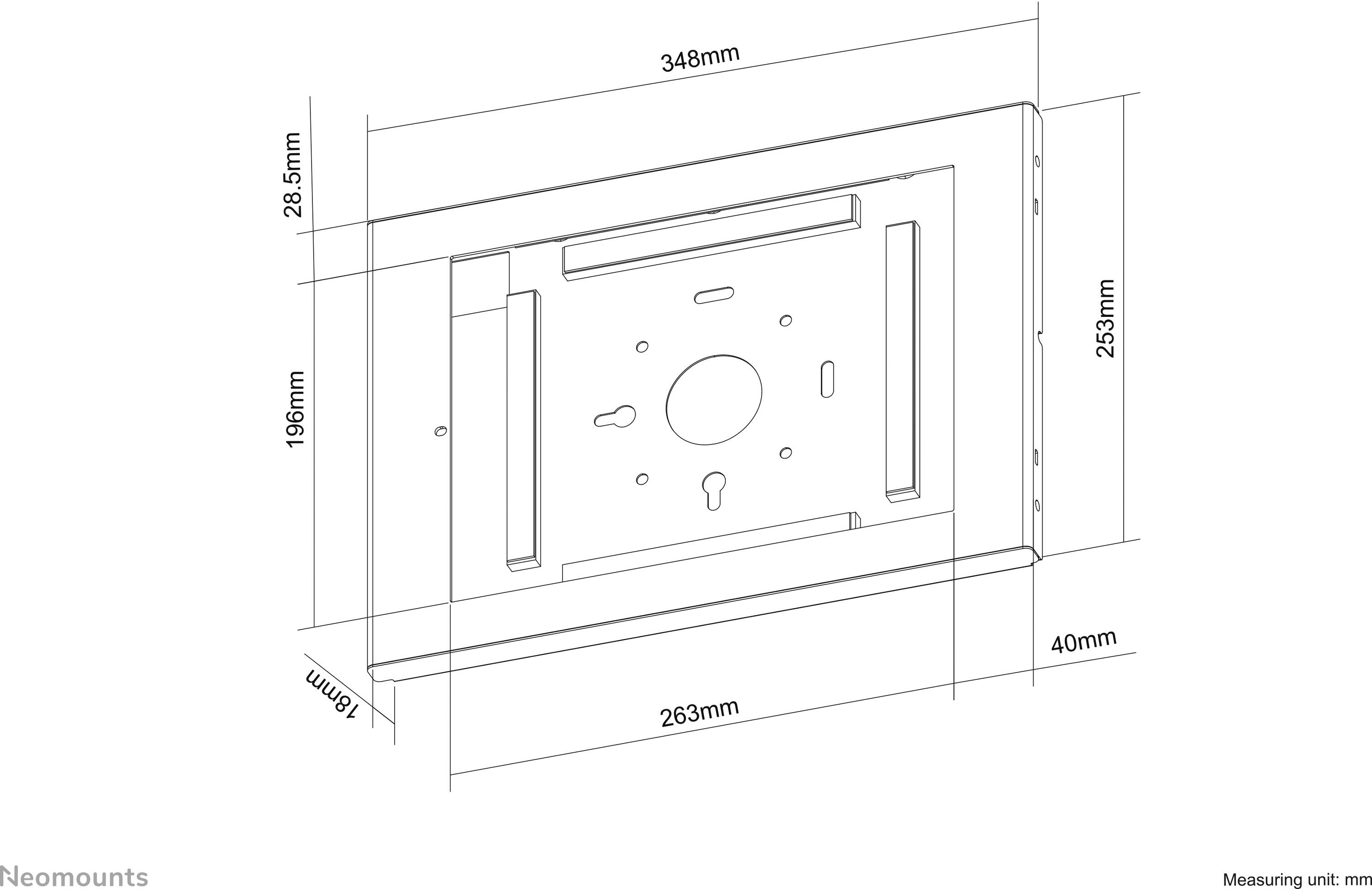 Teknisk tegning af en vægbeslag med målene 348 mm bredde, 196 mm højde, 40 mm dybde. Fastgørelses- og borehul angivet.