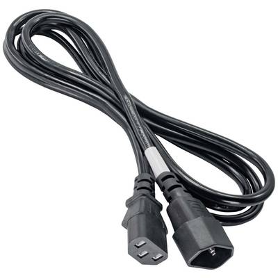 Et sort netledning med en C13-stik på den ene side og en C14-sokkel på den anden side.