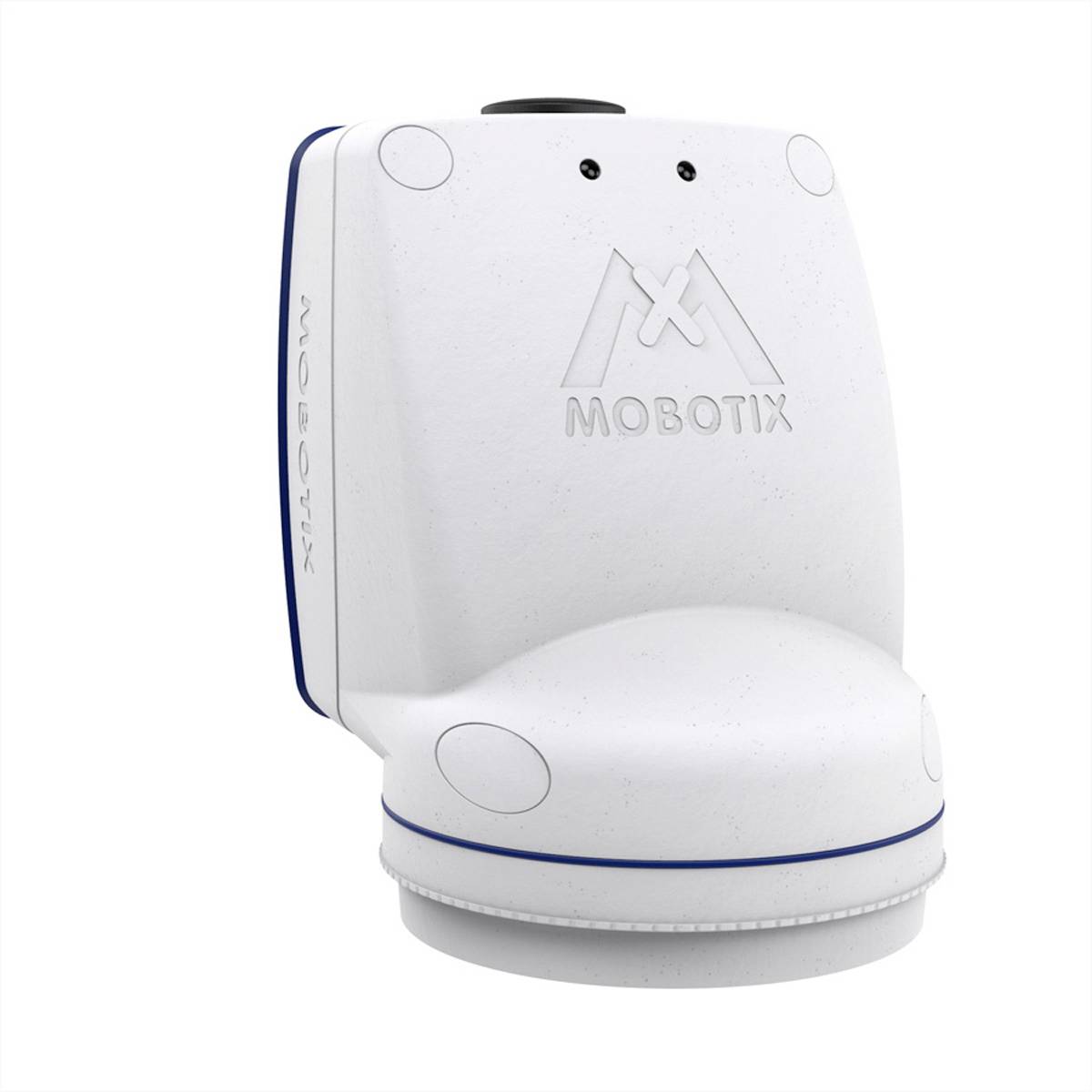 Et hvidt overvågningskamera med Mobotix-logoet påsat. Det har en afrundet form og er velegnet til sikkerhedsformål.