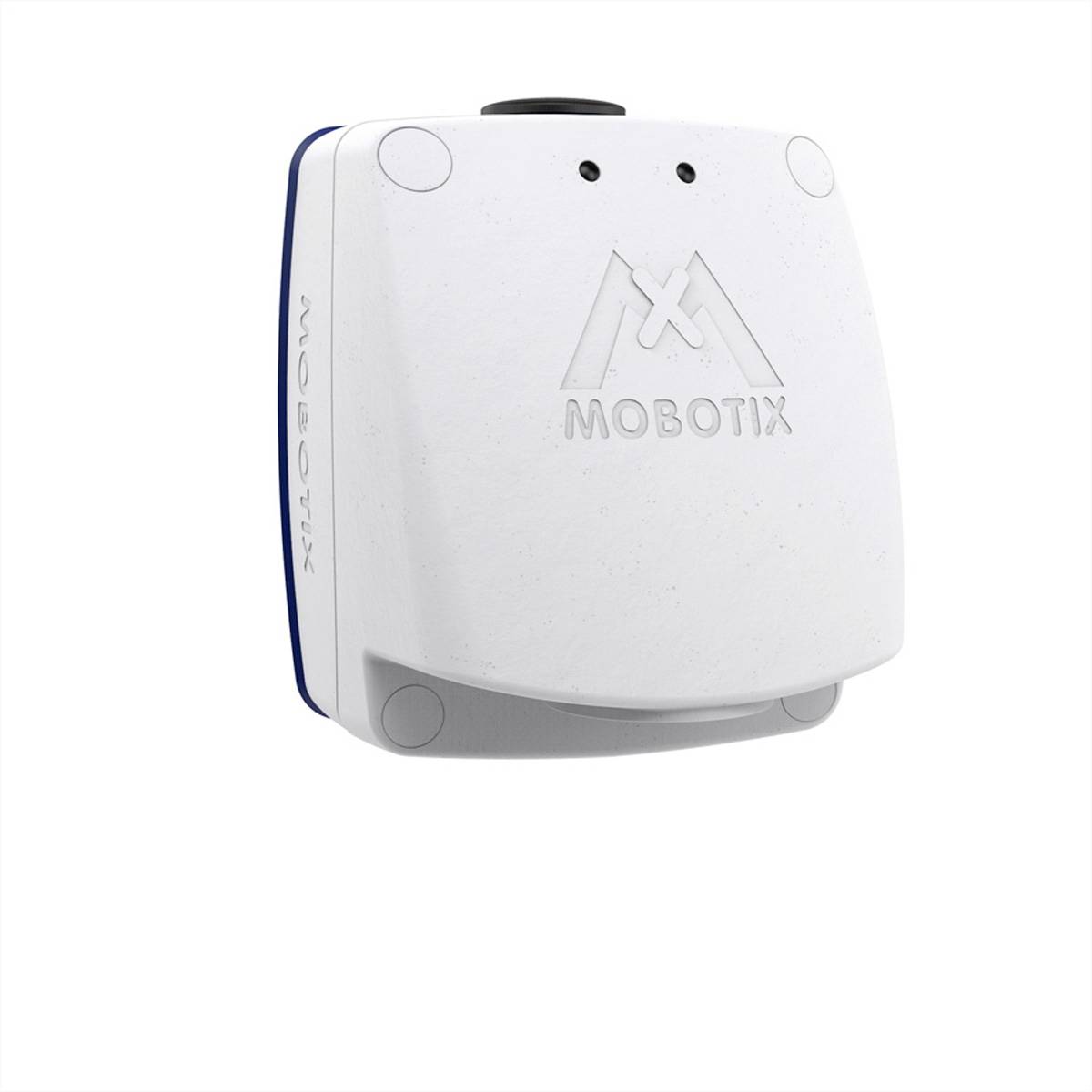Et hvidt kamera med 'Mobotix' brandlogoet på forsiden. Kameraet har en firkantet form med afrundede hjørner.