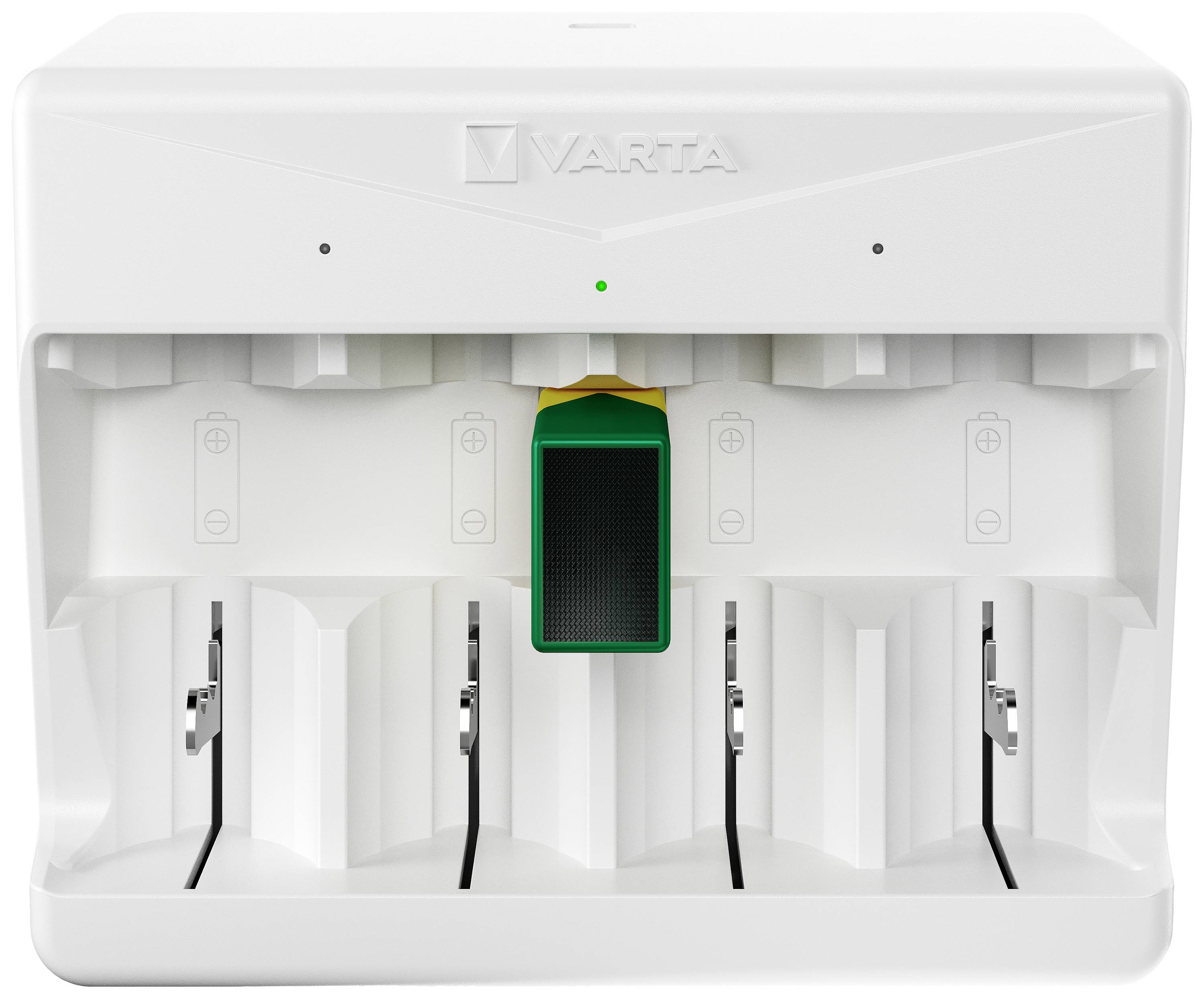 Hvidt Varta-batteriladeapparat med seks ladepladser, grøn LED-indikator og batterier vist på forsiden.