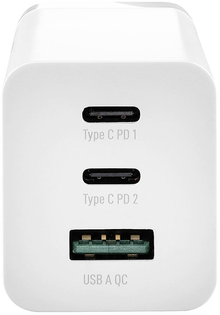 Hvidt oplader med to USB-C-porte, mærket som 'Type C PD 1' og 'Type C PD 2', og en USB-A-port mærket som 'USB A QC'.