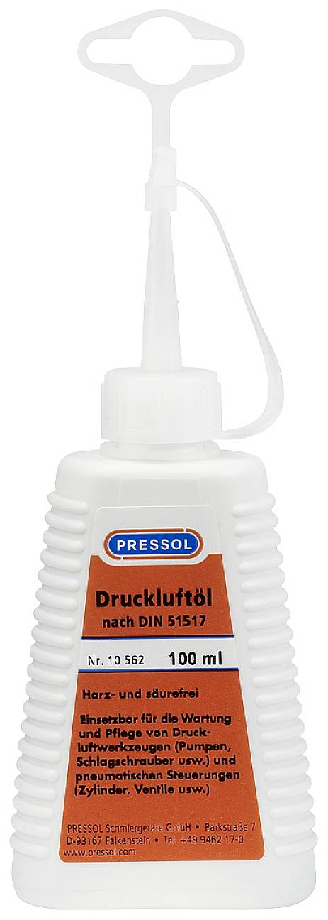 Flaske med 100 ml trykluftsmøringsolie, mærke 'Pressol'. Egnet til vedligeholdelse af trykluftværktøj i henhold til DIN 51517.