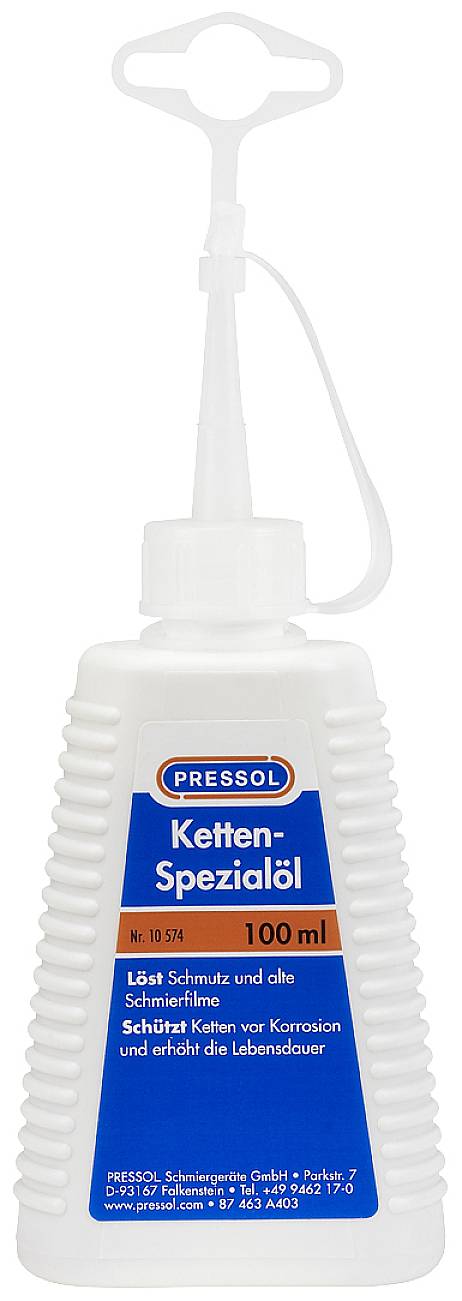 En hvid flaske kædeolie fra Pressol på 100 ml. Etiketten fremhæver beskyttelse og pleje til kæder.