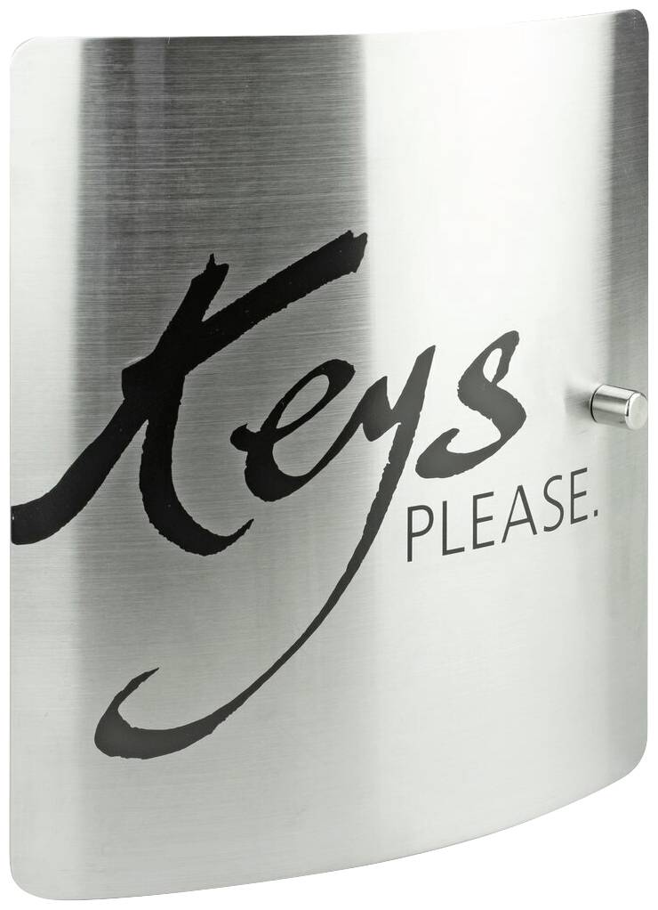 Metalbeholder med påskriften 'Keys Please'. Indeholder nøgleholder, minimalistisk design.