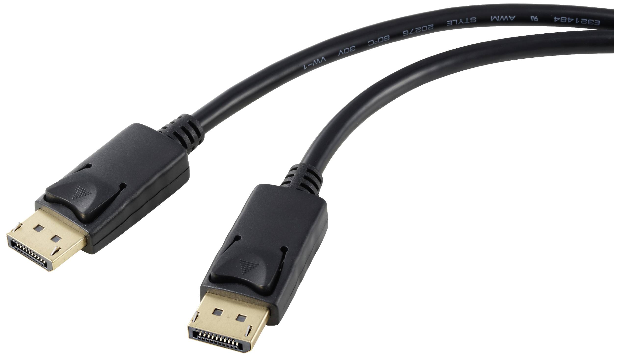 To DisplayPort-kabler i sort med rektangulære stik, velegnede til at forbinde computerskærme med grafikkort.