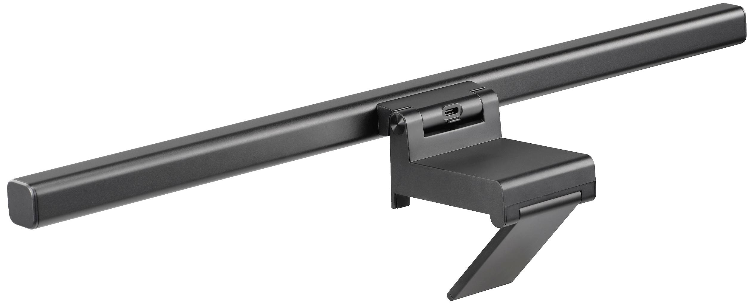 En sort skærmlampe med en robust fastgørelsesclips, egnet til ensartet belysning af computerskærme.