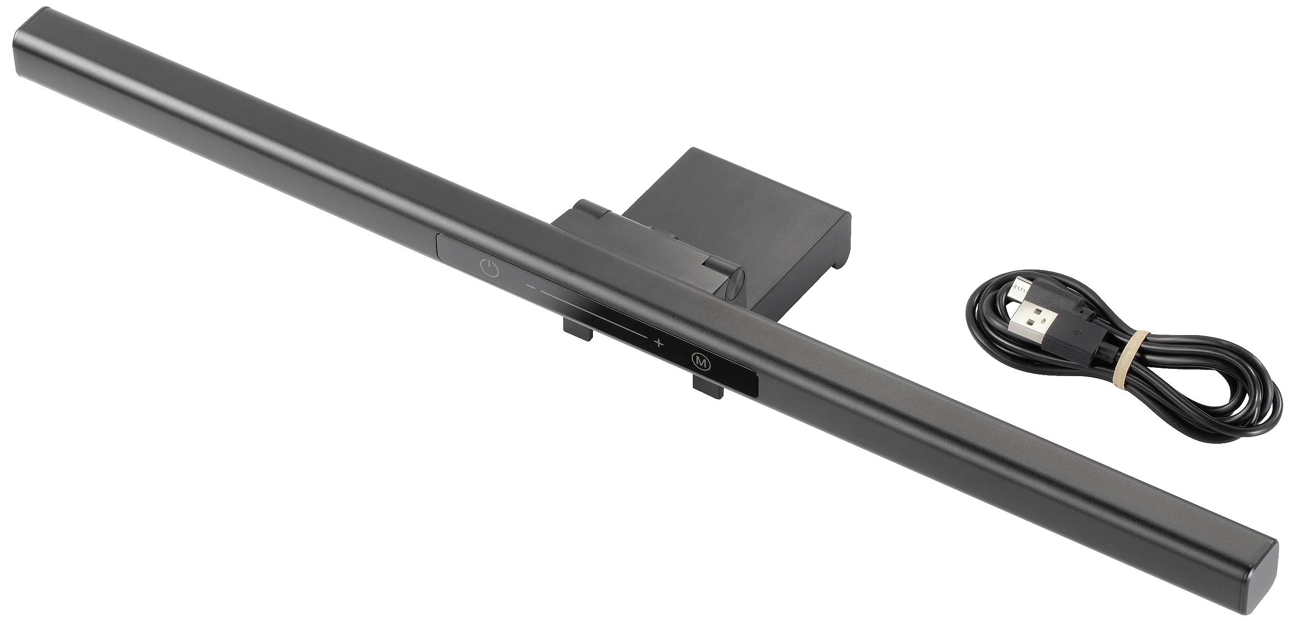 Lang, sort LED-lysbjælke med monteringskomponent og USB-kabel til strømforsyning eller tilslutning.