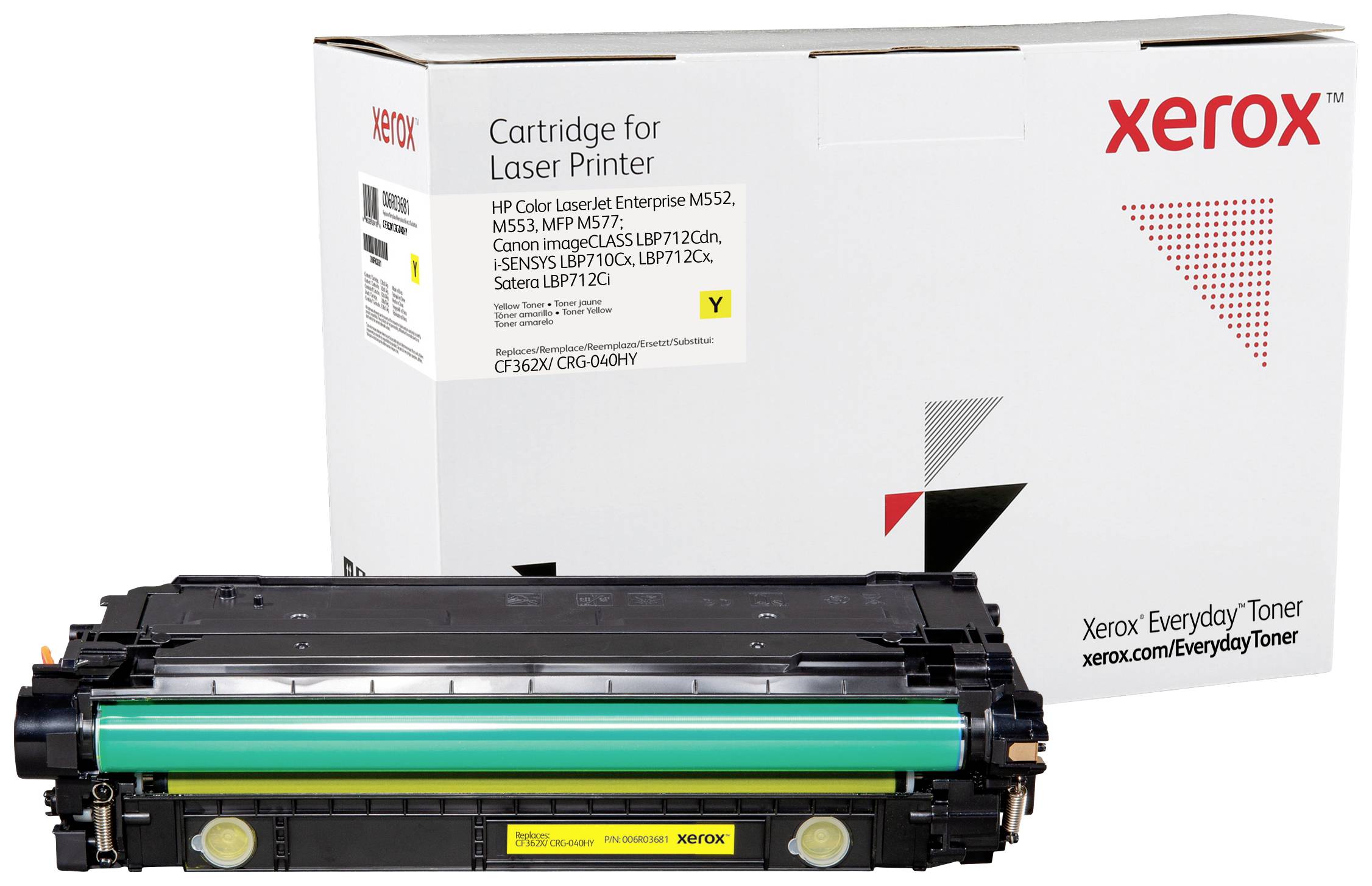 En Xerox-tonerpatron står foran en emballage med påskriften 'Cartridge for Laser Printer'.