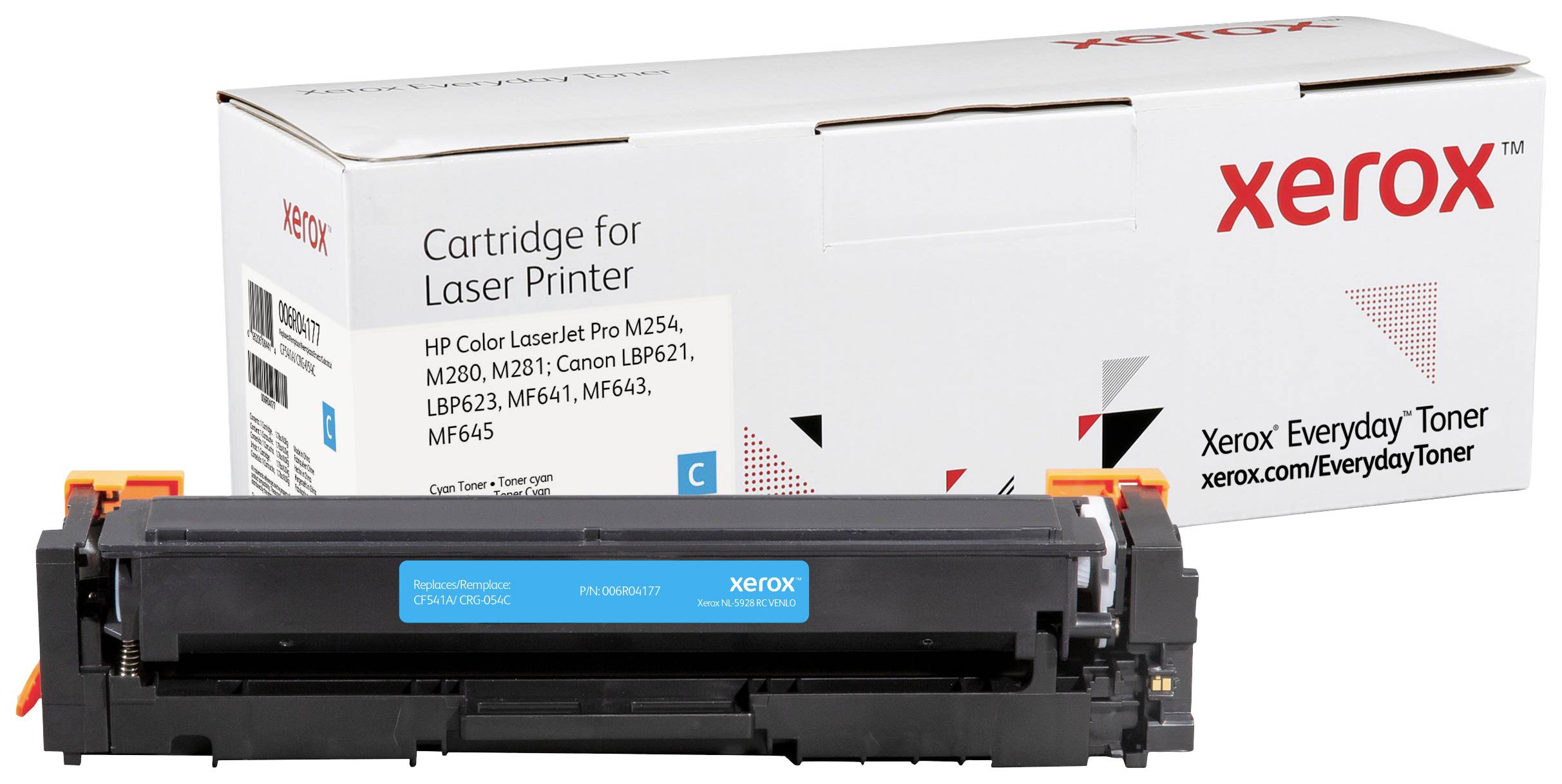 Tonerpatron til HP LaserJet og Canon printere, mærke 'Xerox'. Emballage og patron vist. Egnet til HP M254, M280 og Canon LBP623, MF641 modeller.