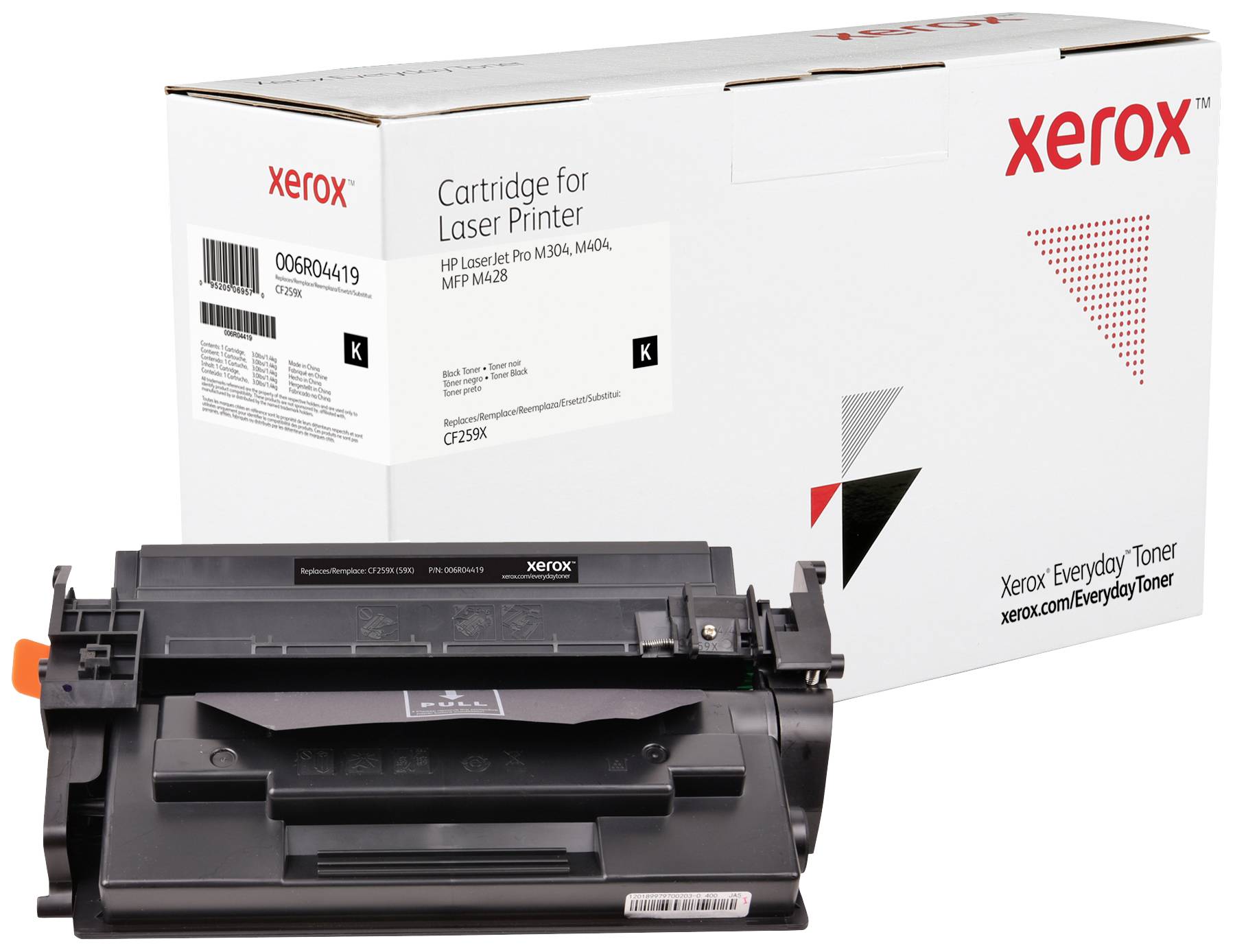 Laserprinterpatron fra Xerox, emballage og patron synlig. Egnet til HP LaserJet Pro M304/M404/M428-serien.