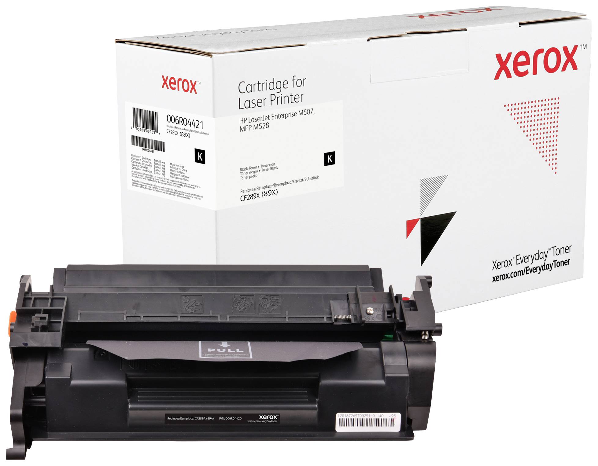 En sort tonerpatron og emballage med påskriften 'Xerox Cartridge for Laser Printer', egnet til HP-printere.