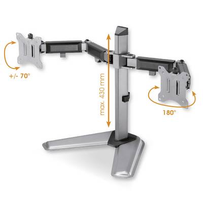 Metalbeslag til skærm med to arme, højdejusterbar op til 430 mm, rotationsvinkel op til 180° og vippevinkel +/- 70°.