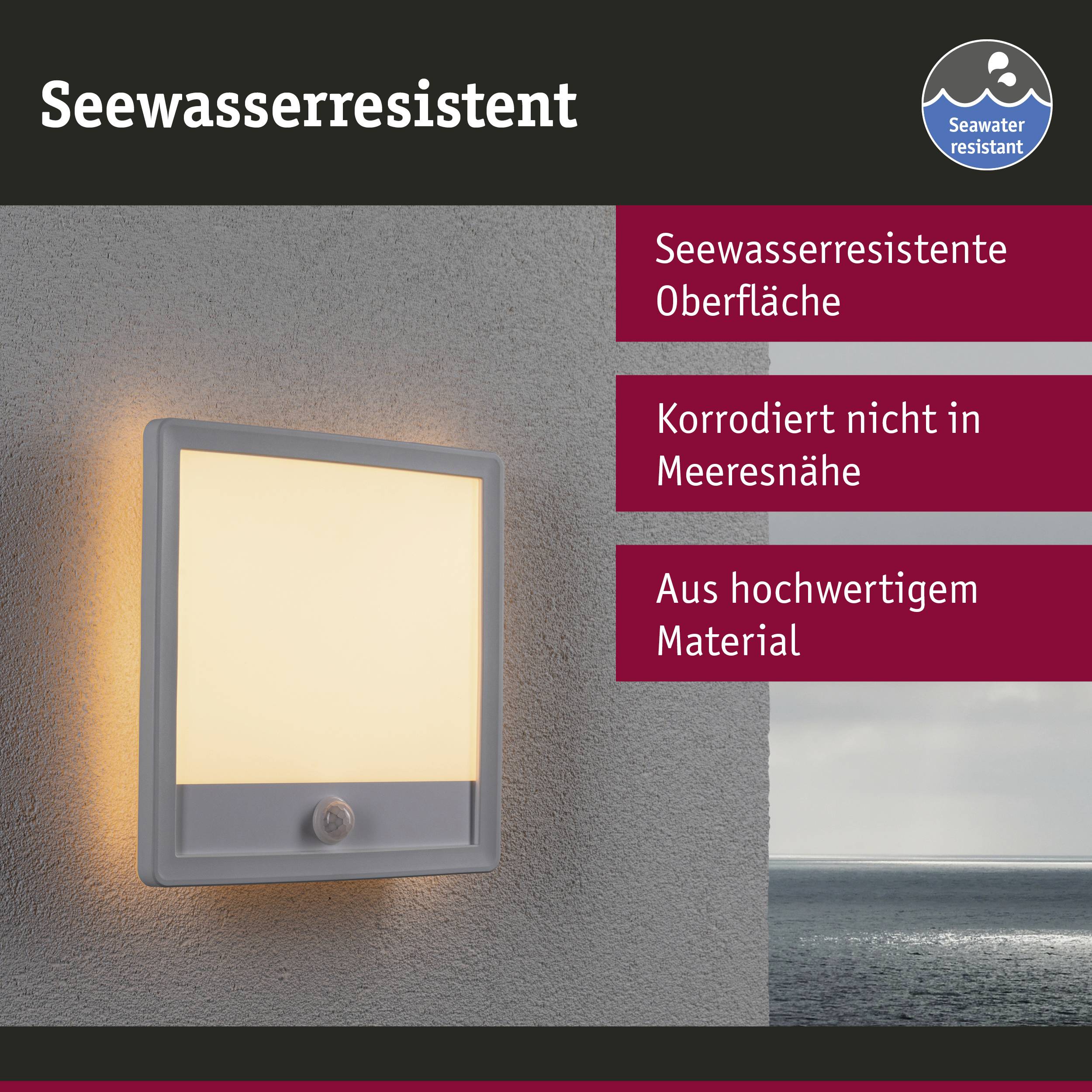 Udendørslampe med havvandsresistent overflade; monteret på en væg. Teksten beskriver korrosionsbeskyttelse i kystområder.