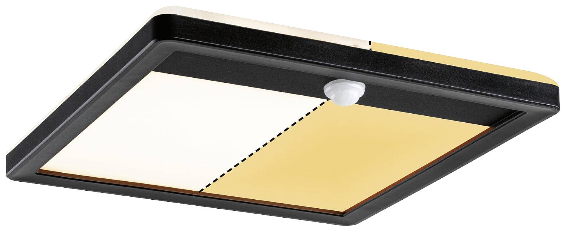 Firkantet LED-loftlampe med bevægelsessensor, som viser to diagonalt adskilte lysplader i hvid og gul.