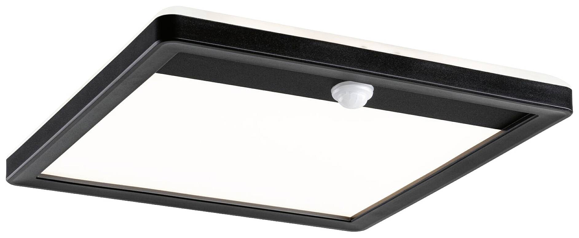 Firkantet LED-loftslampe med sort ramme og integreret bevægelsessensor i midten.