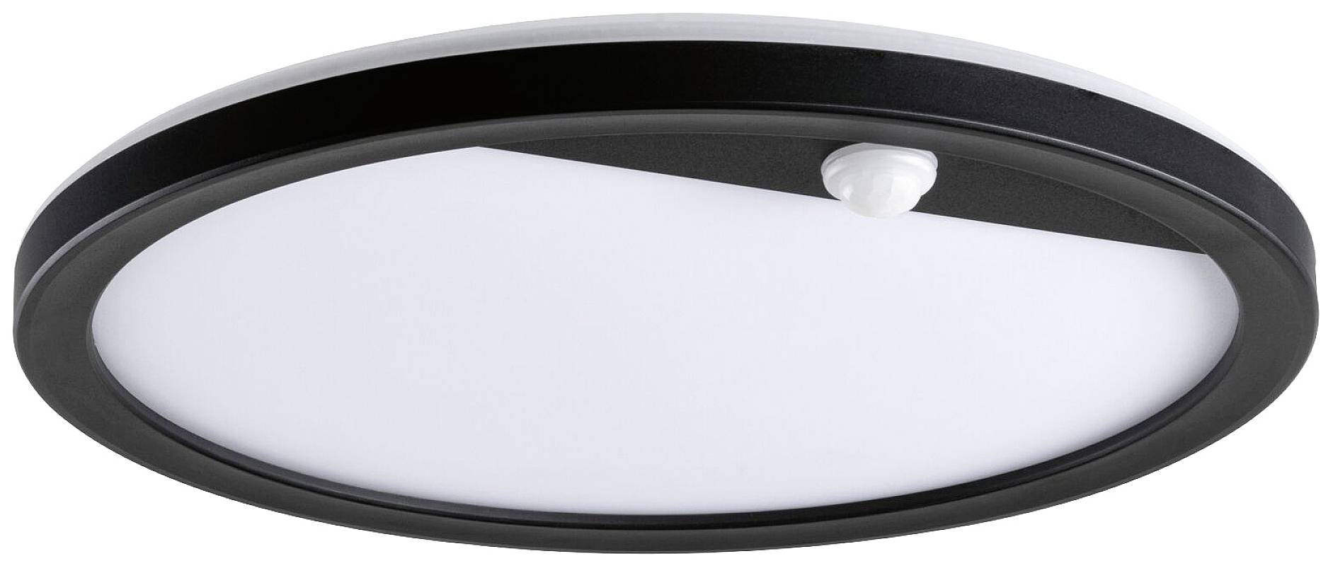 Rund loftslampe med hvid diffuser og sort kant, udstyret med en bevægelsessensor i midten.