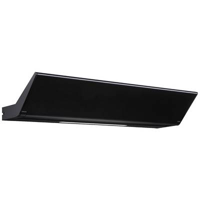 Sort vægemhætte med et klart, moderne design. Undersiden udstyret med en smal LED-lysstribe til køkkenbelysning.