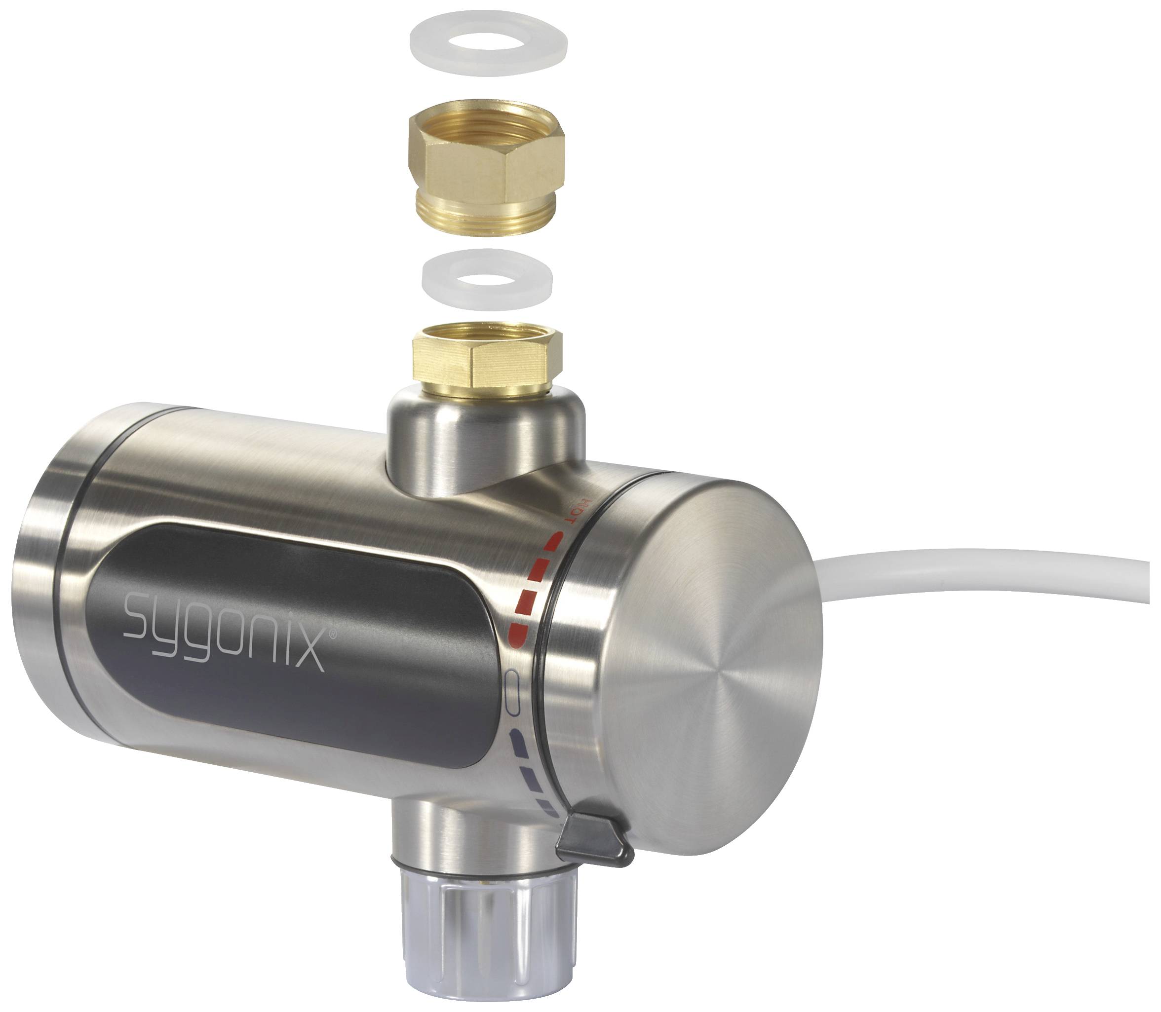 En cylindrisk metaldurchflusssensor med kabelstik. Foroven en guldfarvet skrueforbindelse og tætninger. Påskrift: 'sygonix'.