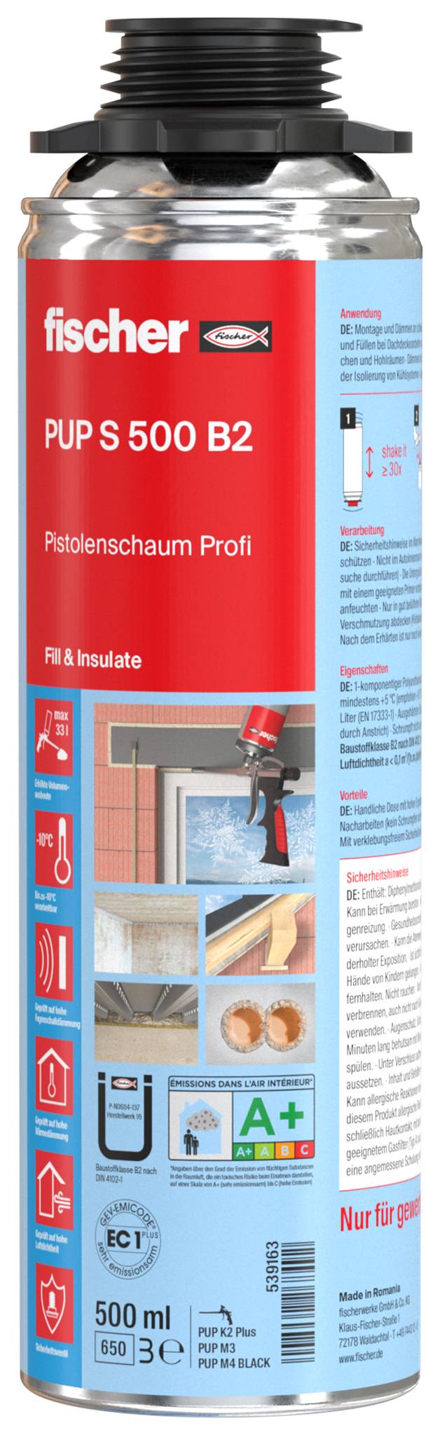 Fischer PUP S 500 B2 dåse med pistol-skum pro tætning, 500 ml, med rød-og-blå produktetiket og isoleringsikoner.