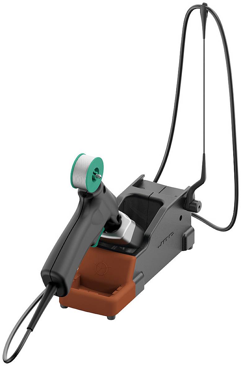Apparat til manuel varmesvejsning af plastmaterialer, forsynet med et ergonomisk håndtag, trådrulle og kabel.