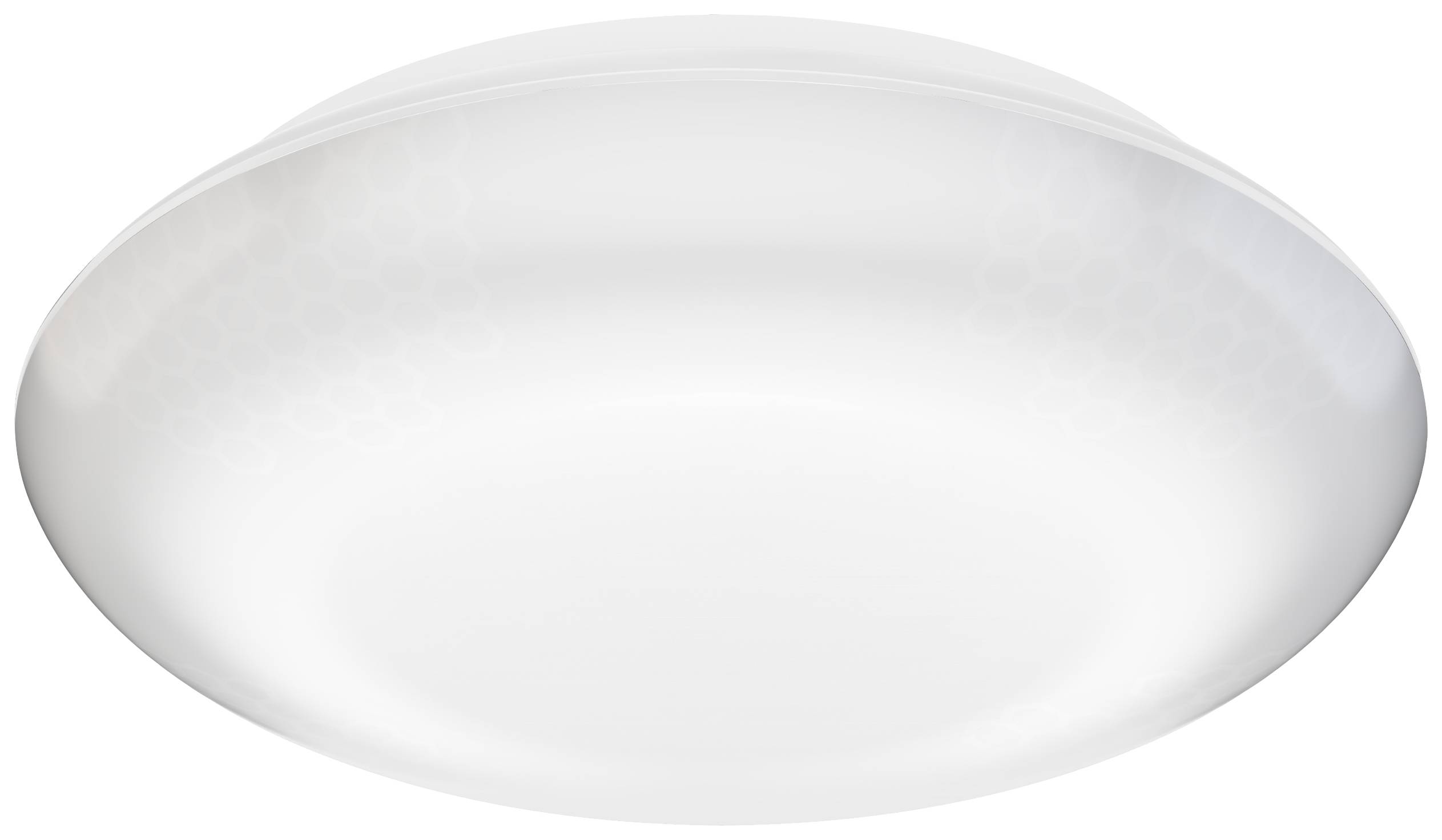 En enkel, hvid loftslampe med rund form ses centralt placeret og giver ensartet belysning til indendørsarealer.
