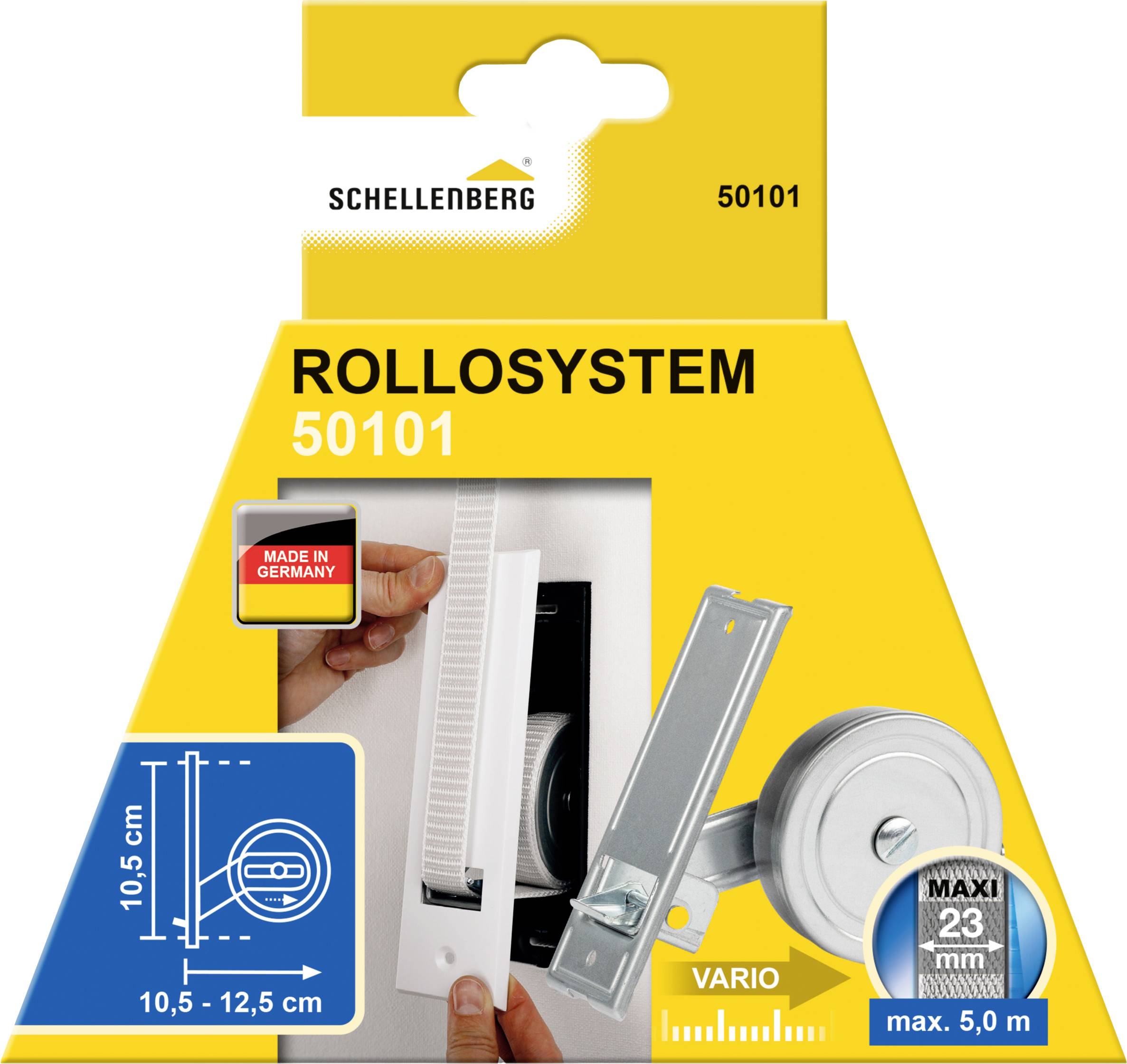 'Rollo-System 50101' fra Schellenberg. Emballage viser dele og mål: Bredde 10,5–12,5 cm, maks. 5 m længde. 'Made in Germany'.