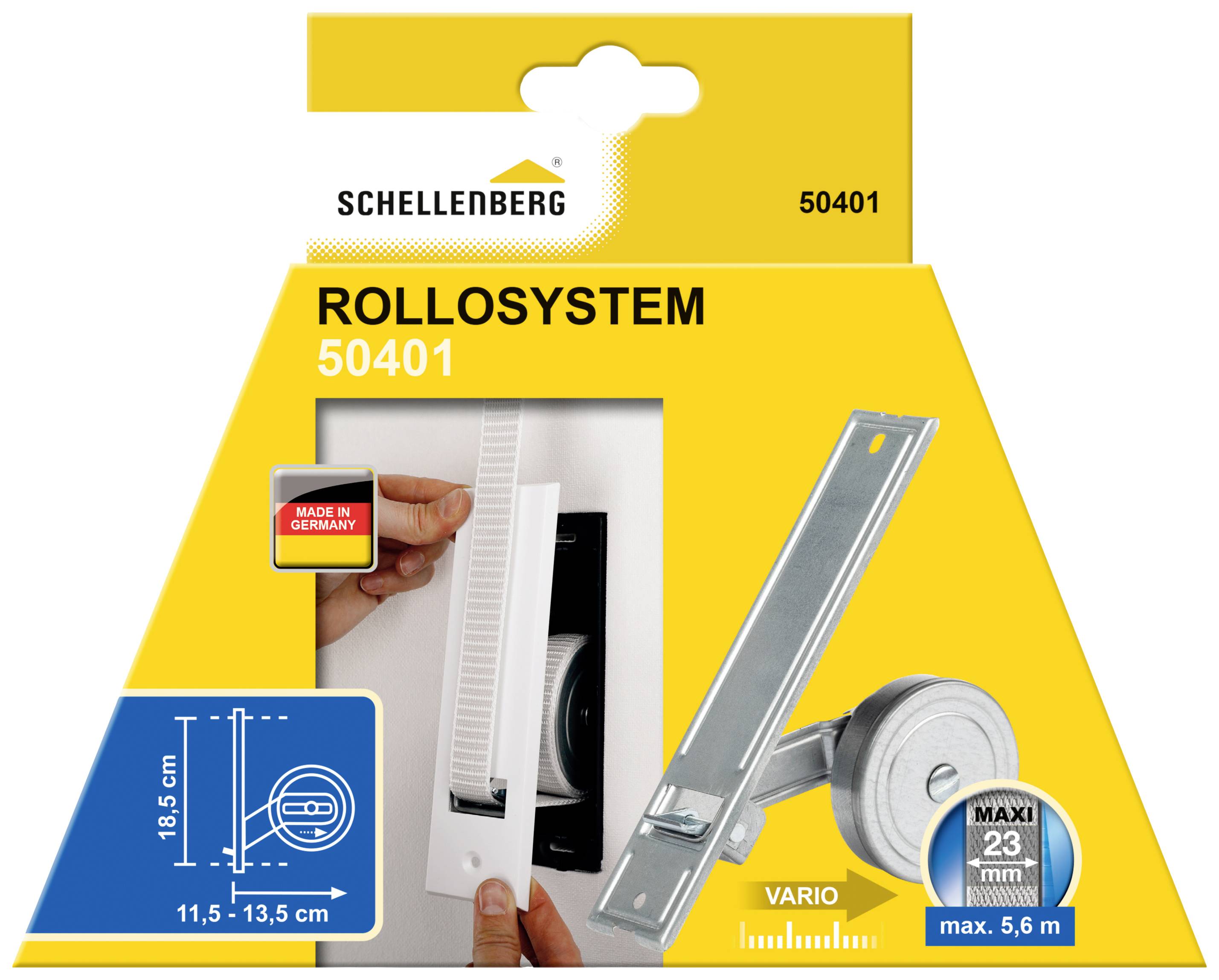 Emballage til et rullesystem. Indeholder monteringsmateriale og vejledning. Mål: 11,5-13,5 cm, højde: 18,5 cm, remløngde: 5,6 m.